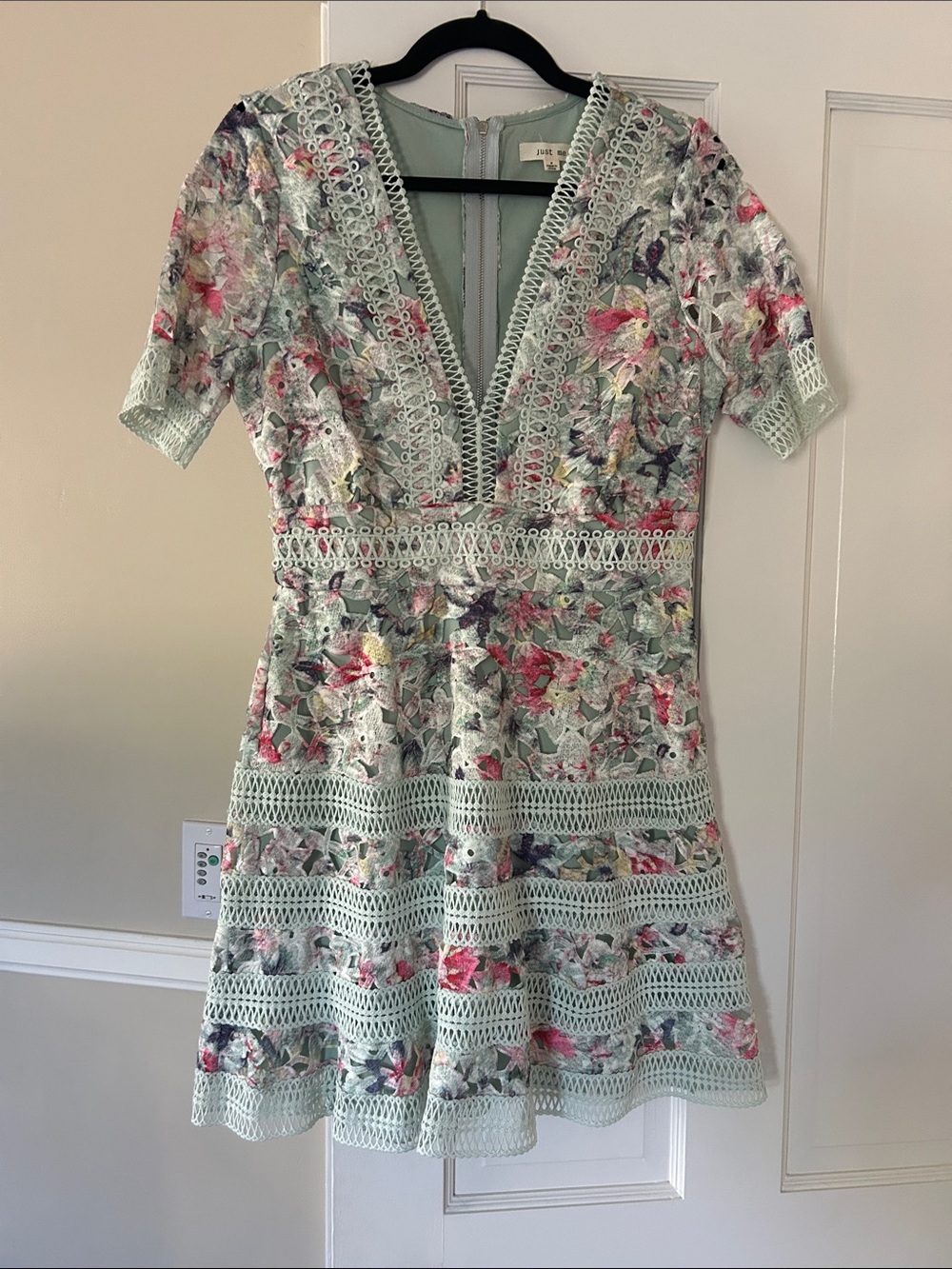 Just Me Mint Floral Lace-Trim Mini Dress with Pink & Green Accents NWOT